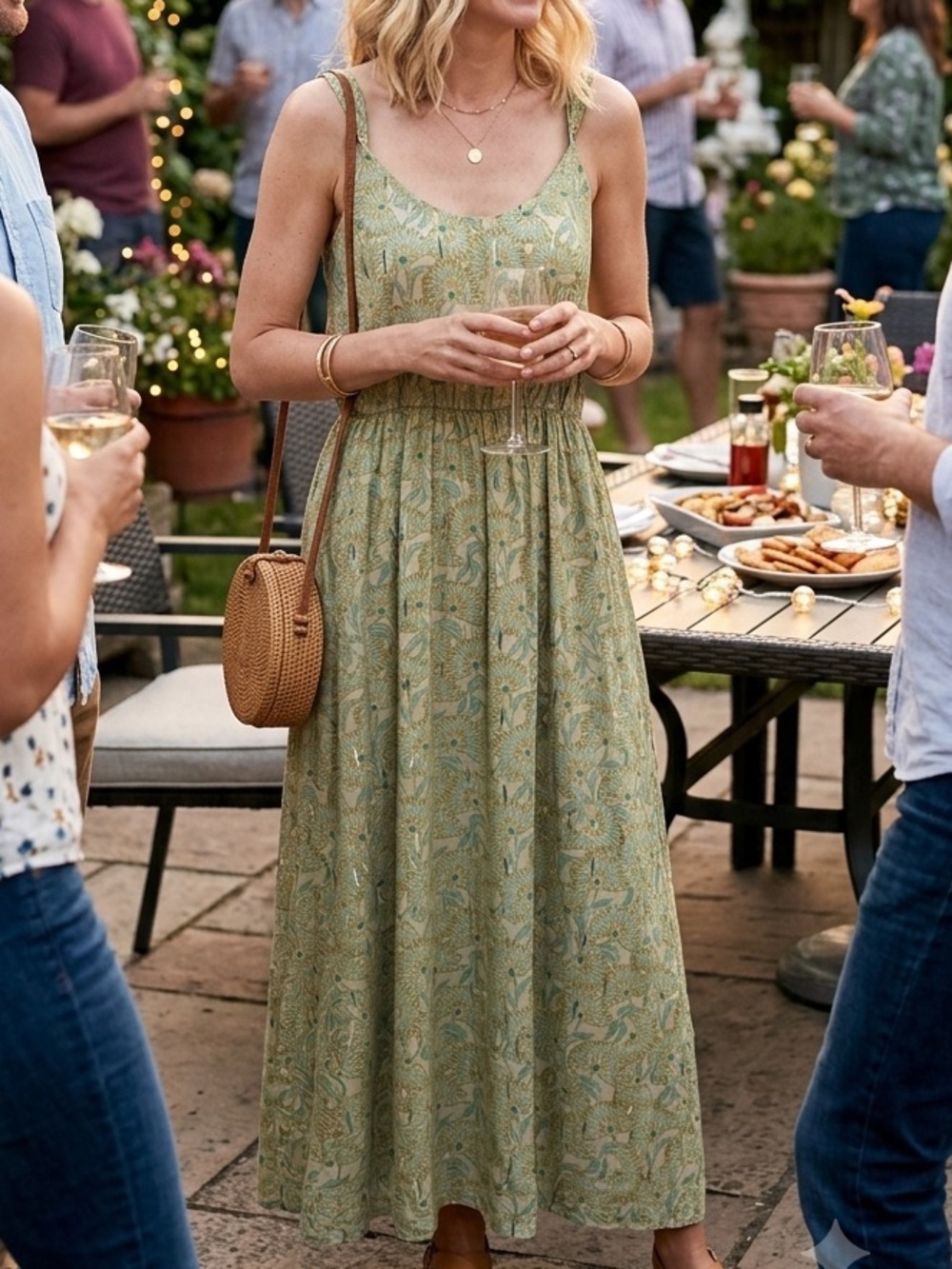NEW Floral Olive Spaghetti Strap Midi Dress in Sage Green w Metallic Accents